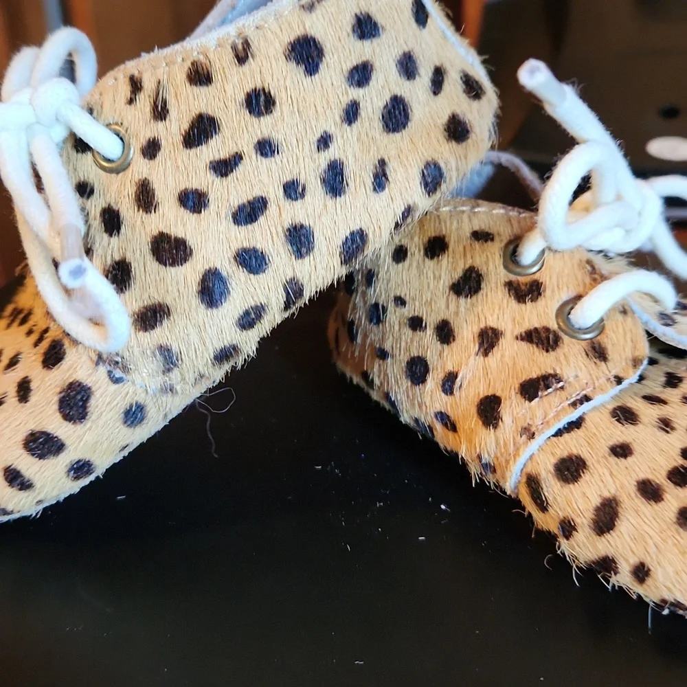 Monkey Feet Tan and Black Leopard Print Faux Fur Baby Shoes 6-12months
